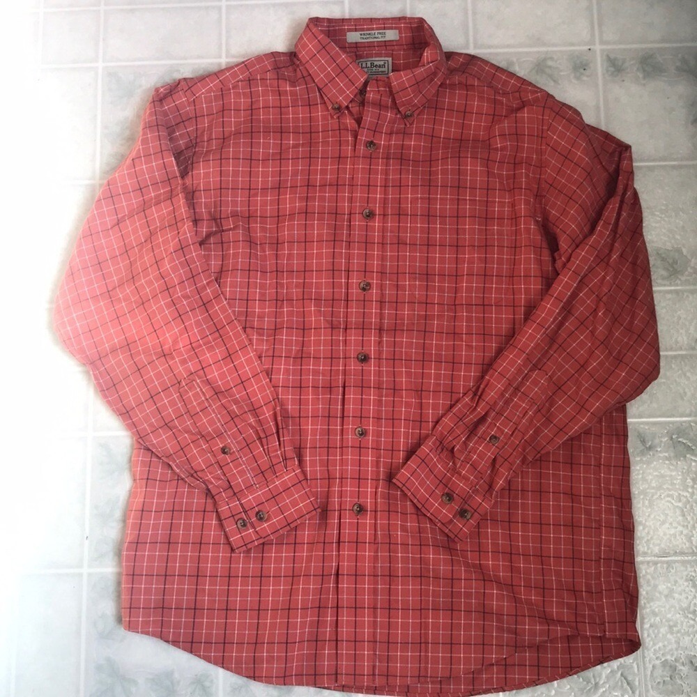 LL Bean Wrinkle‎ Free Traditional Fit Buttondown orange plaid long sleeve